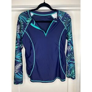 NEW Aqua Eve Womens Navy Tropical Palm Long Sleeve Rash Guard Swim Shirt Small